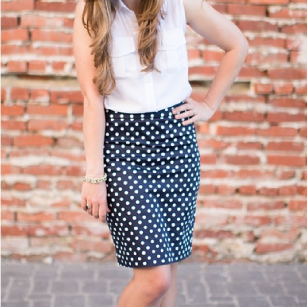 J. Crew Navy and White Polka Dot Pencil Skirt